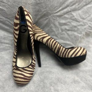 Guess Women  Size 6.5 M Cream Brown Slip On Zebra Print 4.5" Platform Pump